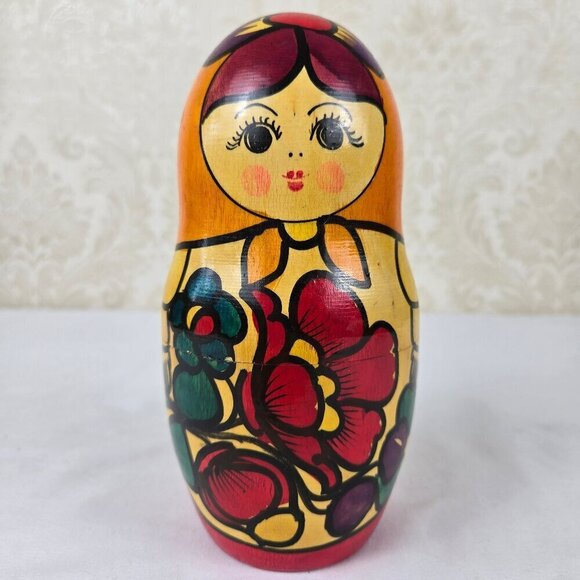 Single Matryoshka Doll Wood Hand Painted Russian Colorful Floral Motif - Picture 1 of 11